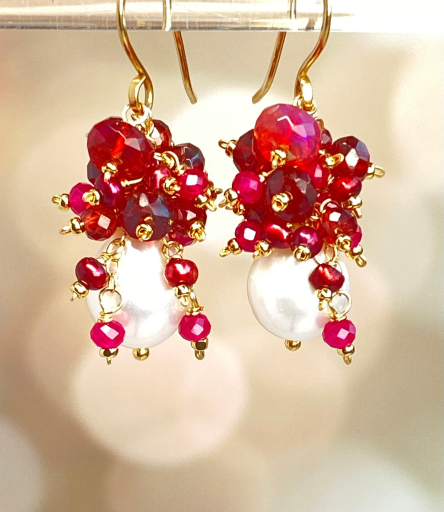Red Ruby, Opal, Garnet and Ivory Pearl Earrings Gold Fill