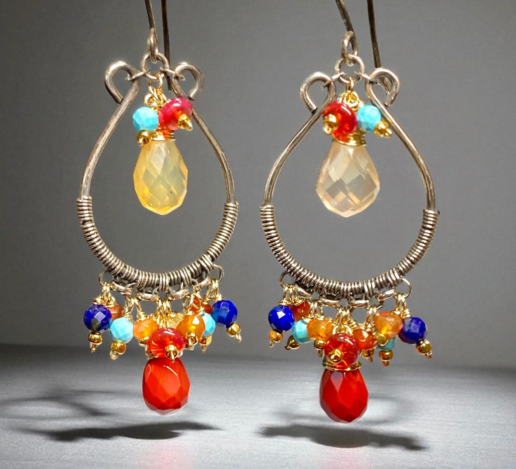 Multi Gemstone Hoop Chandelier Earrings, Mexican Fire Opal, Mixed Metals 3