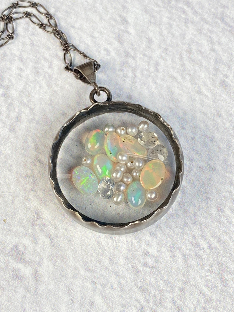 Opal, Moonstone and Pearl Shake Locket Necklace in Sterling Silver