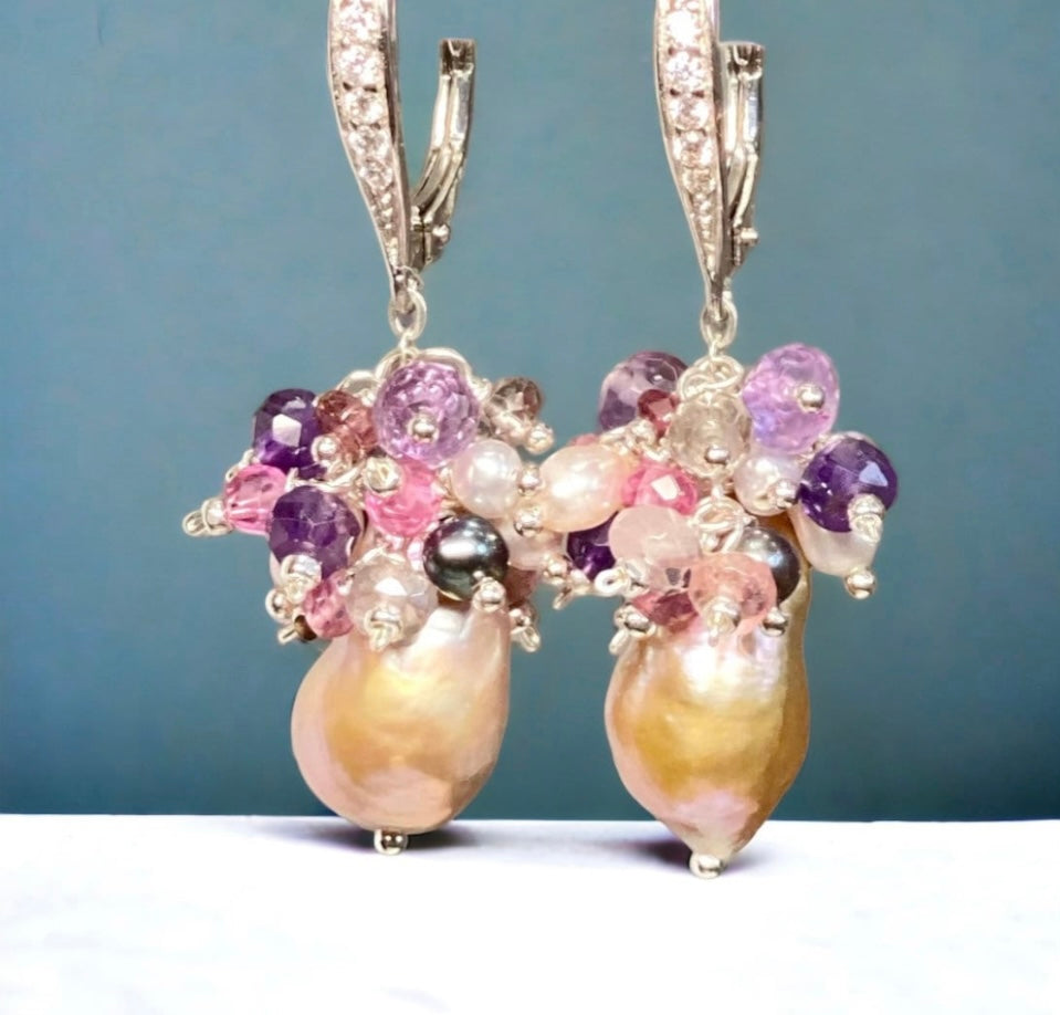 Baroque Pearl Amethyst Cluster Earrings Sterling SIlver