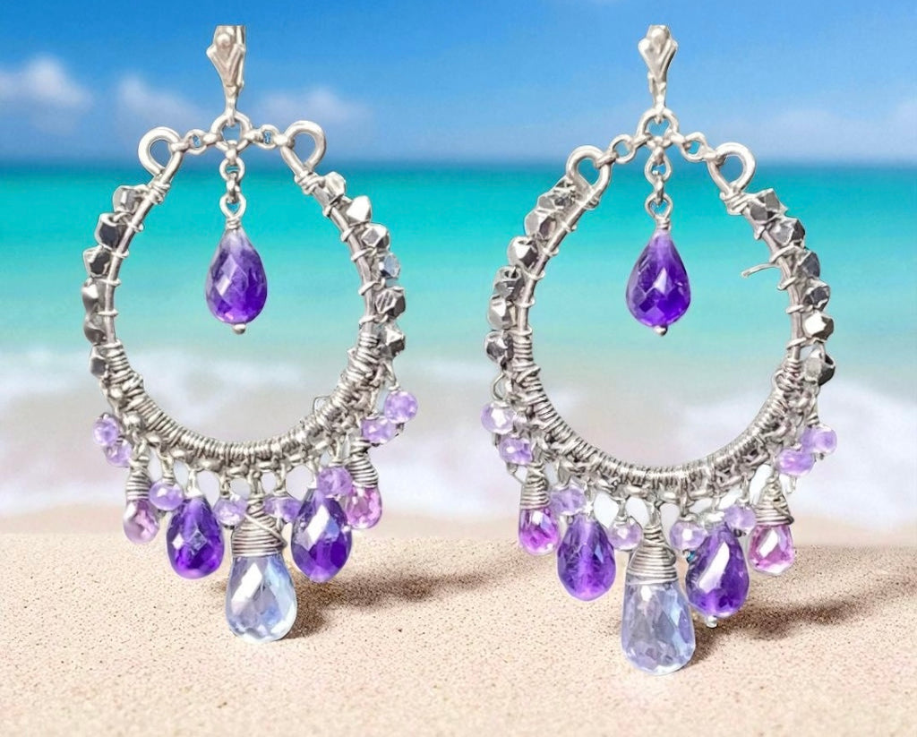 Boho Hoop Earrings Oxidized Sterling Silver Blue Violet Gemstones