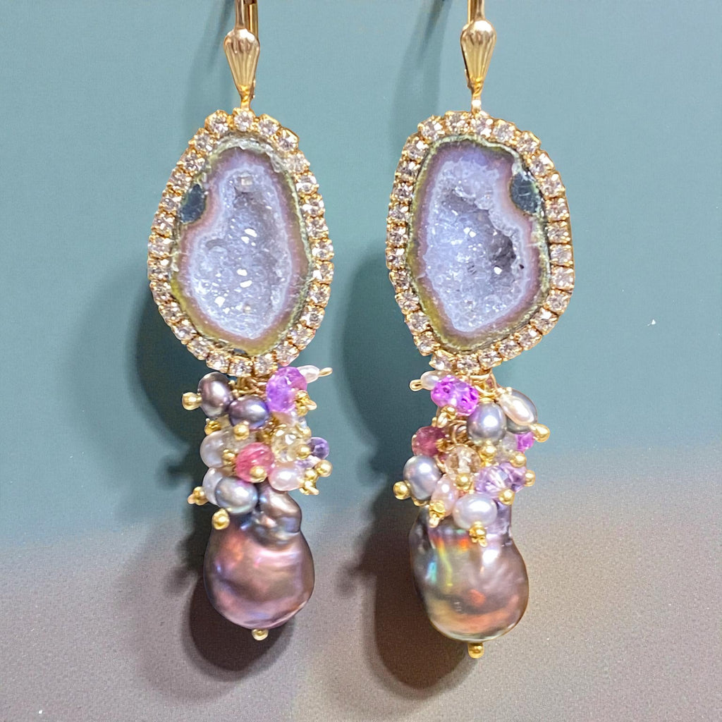 Grey Tabasco Geode and Baroque Pearl Cluster Dangle Earrings - Pink, Plum, Grey