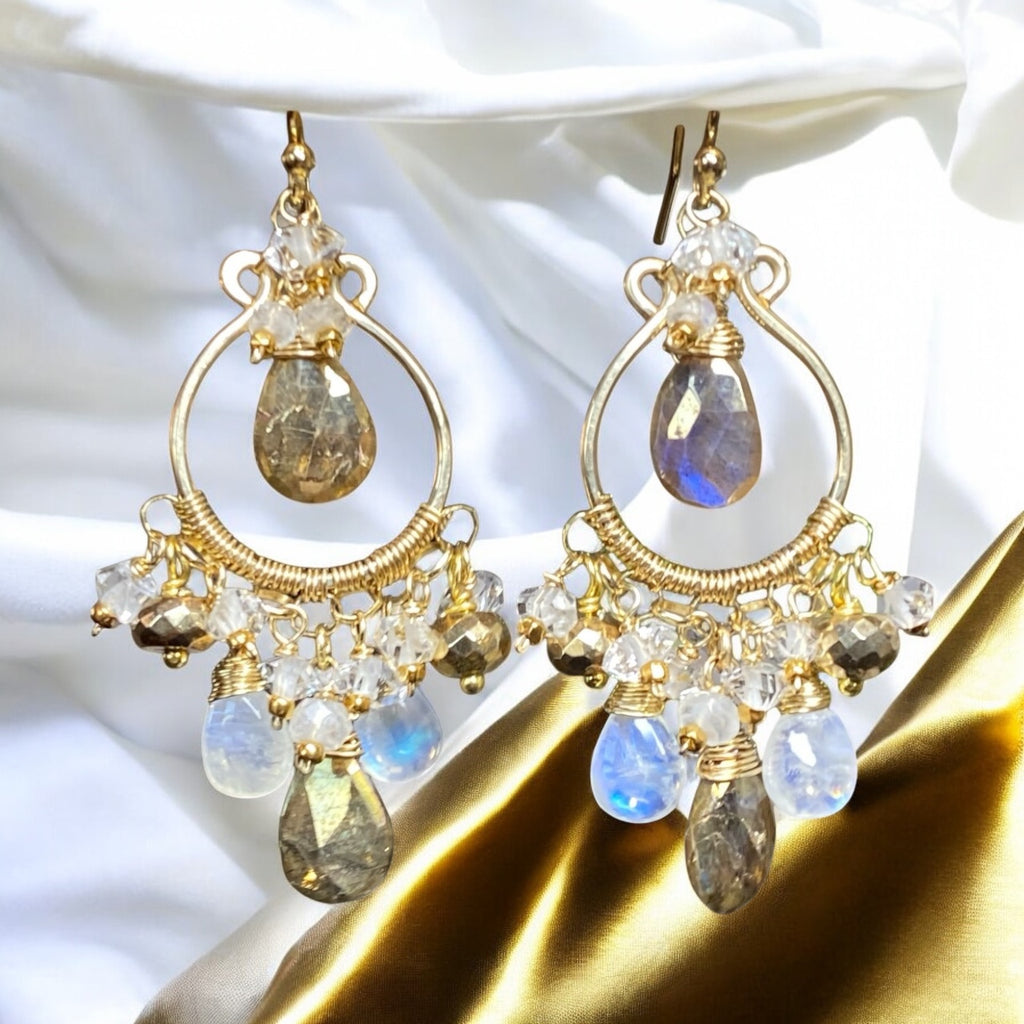 Rainbow Moonstone Gold Labradorite Chandelier Hoop Earrings Gold Fill