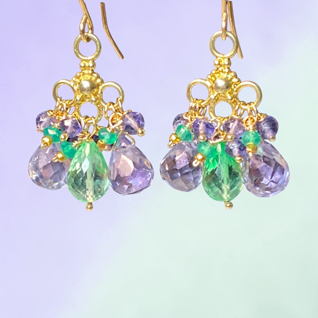 Green Blue Chandelier Earrings with Green Topaz