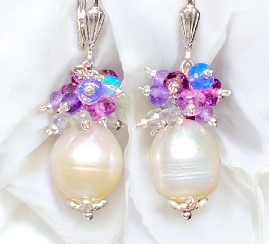Pearl Cluster Earrings with Pink Purple Sapphire, Labradorite, Amethyst, Opal in Sterling Silver