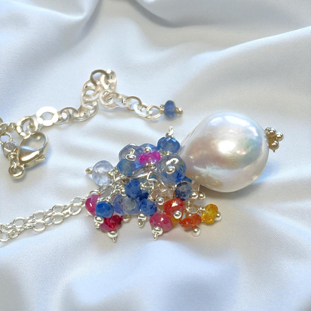 Sapphire and Opal Cascade Cluster Pearl Pendant, Sterling Silver
