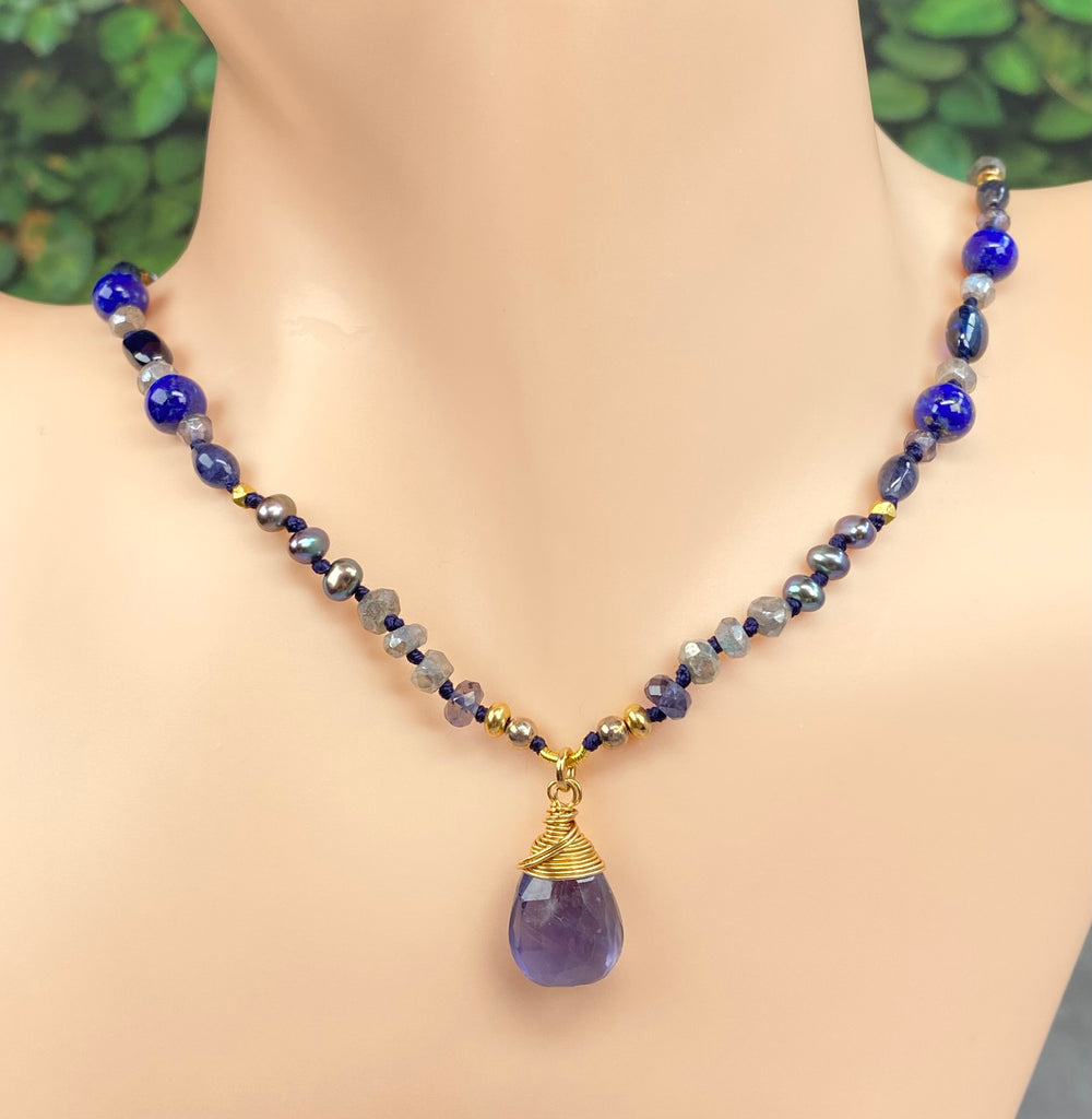 Blue Iolite Pendant Silk Knot Necklace: Mystic Labradorite, Pearl, Iolite, Blue Lapis, Gold Fill