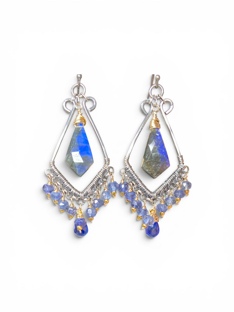 Blue Gemstone Statement Chandelier Earrings Oxidized Sterling Silver Blue Labradorite, Iolite, Kyanite