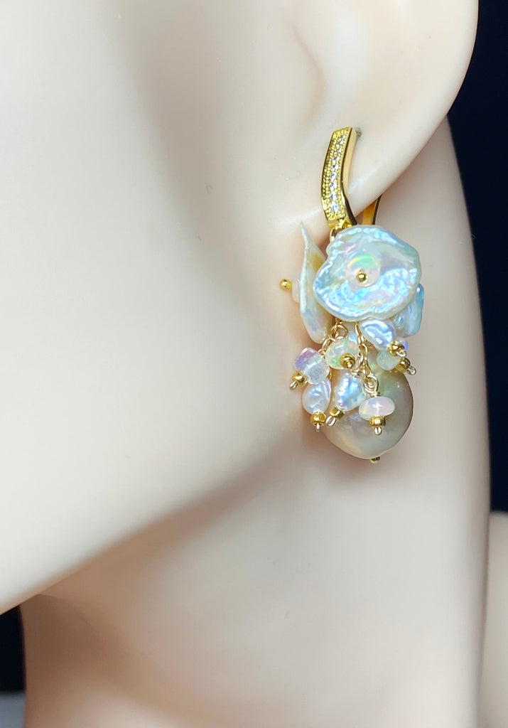 Baroque Edison Pearl Keishi Pearl Opal Cluster Earrings Bridal Gold - Doolittle