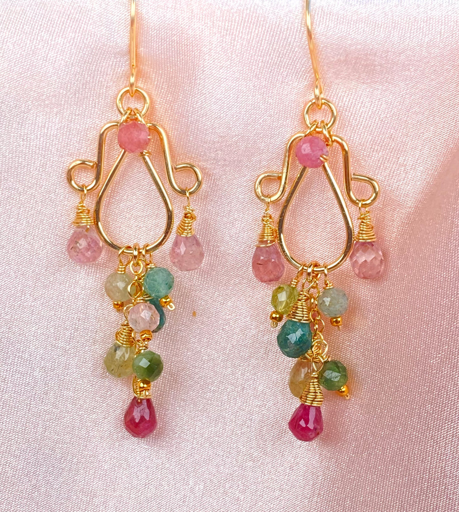 Multicolor Tourmaline Chandelier Earrings — Light Pink, Green & Blue, Gold Fill