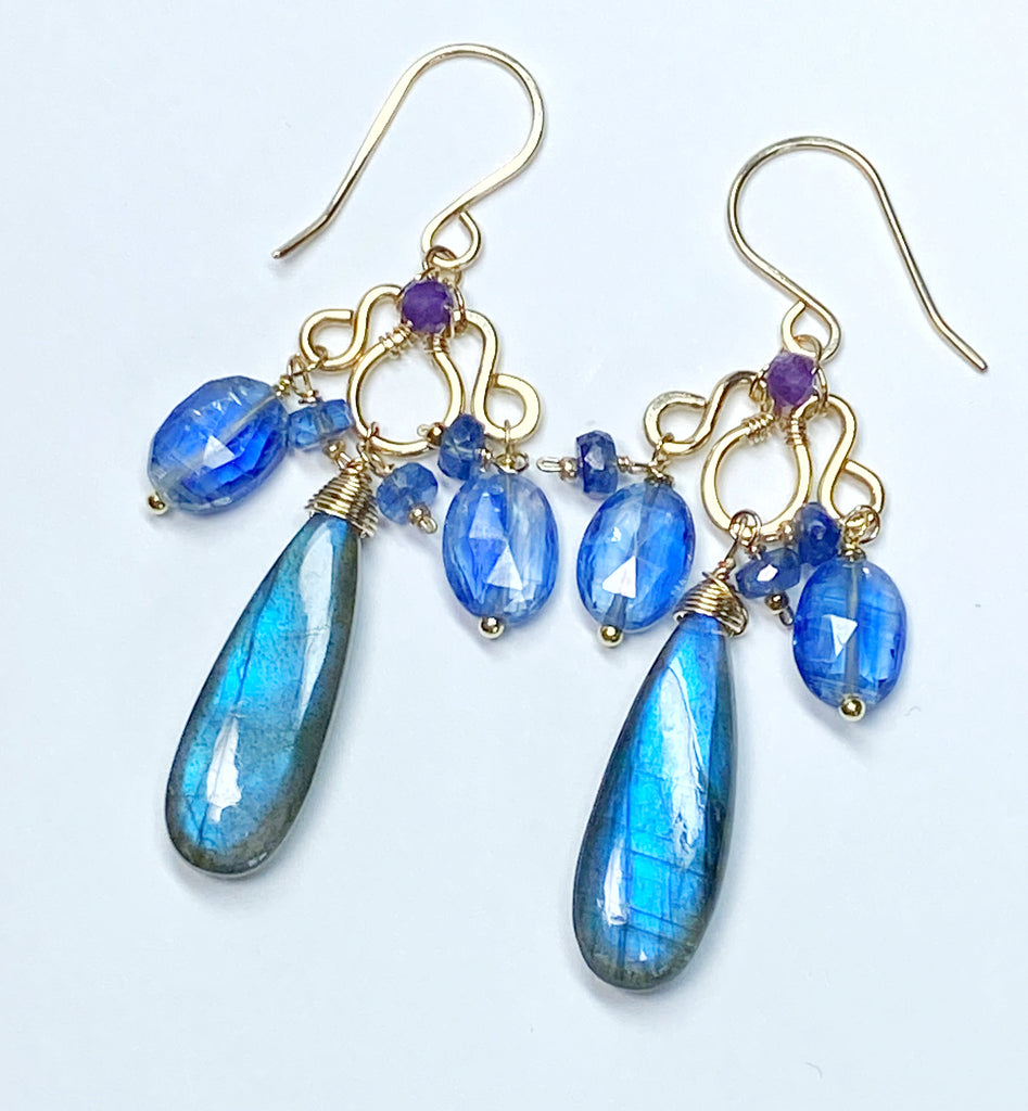 Blue Labradorite Statement Chandelier Earrings in Gold Fill with Kyanite