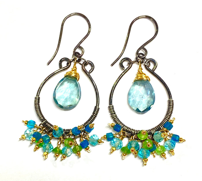 Aqua Apatite Oxidized Sterling Silver Hoop Chandelier Earrings