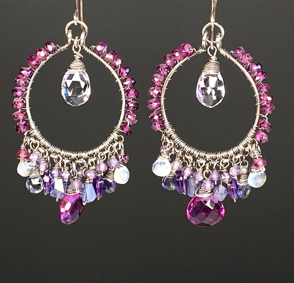 Rhodolite Garnet and Blue Violet Gemstone Chandelier Hoop Earrings - Doolittle