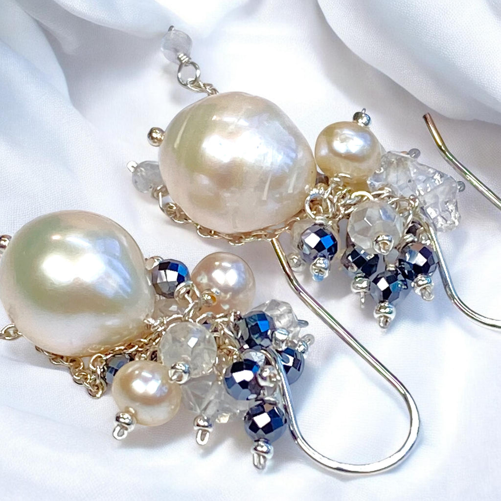 Ivory Pearl Cluster Earrings with Moonstone, Mystic Quartz & Herkimer Diamond