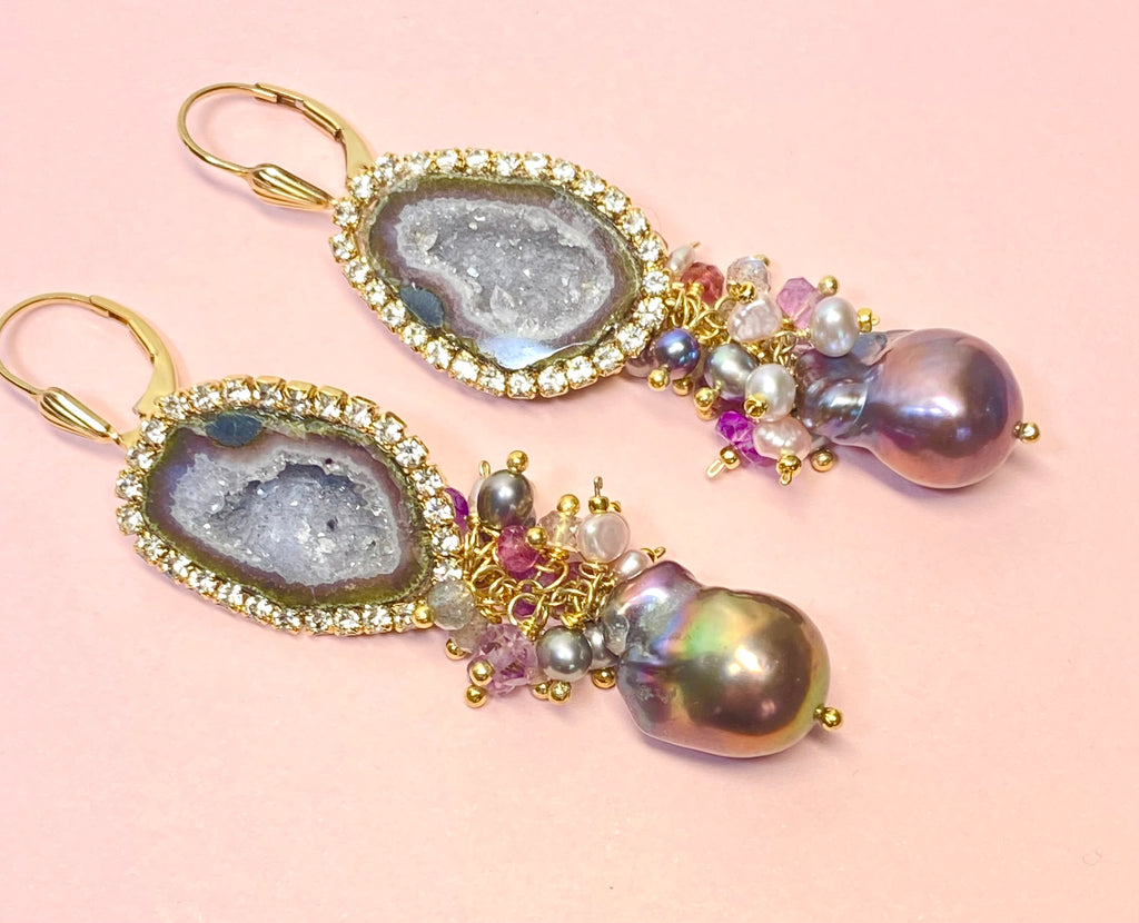 Grey Tabasco Geode and Baroque Pearl Cluster Dangle Earrings - Pink, Plum, Grey