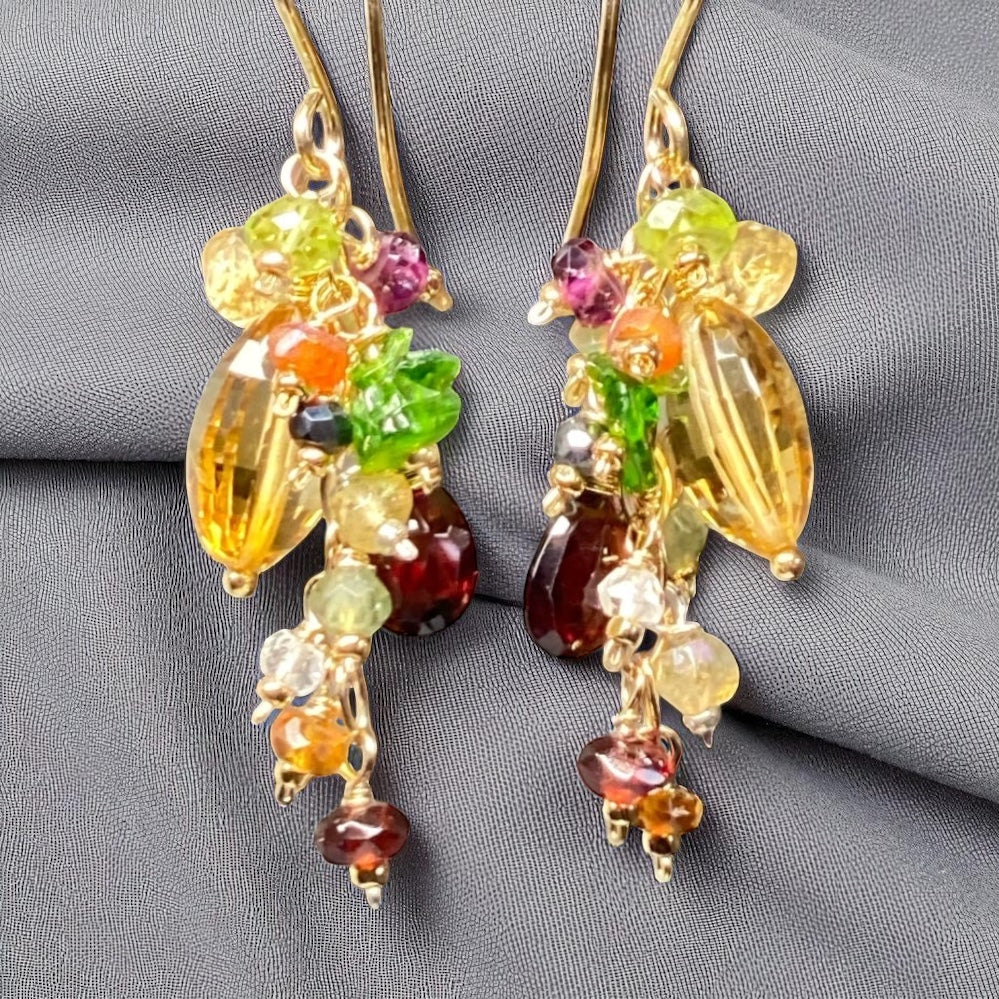 Citrine Dangle Earrings with Multi Gemstone Cluster, Garnet, Opal, Chrome Diopside