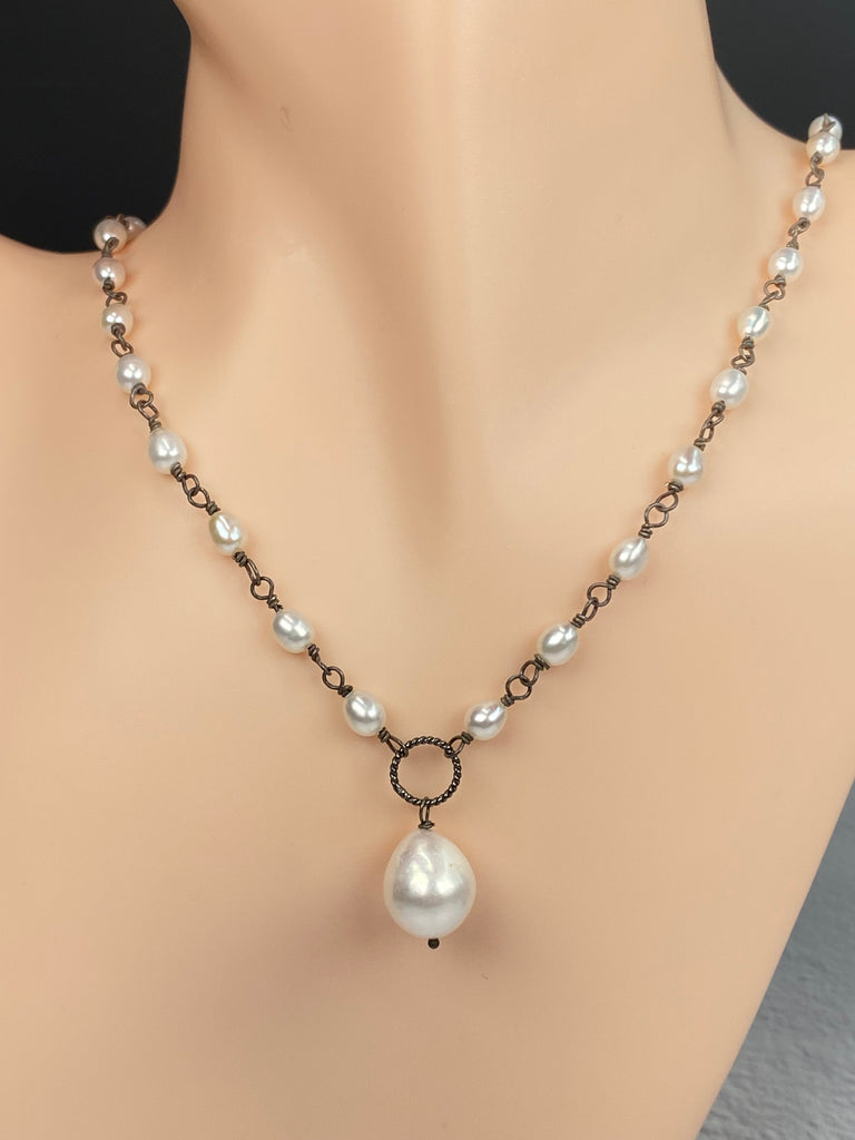 Baroque Pearl Pendant Necklace in Oxidized Sterling Silver