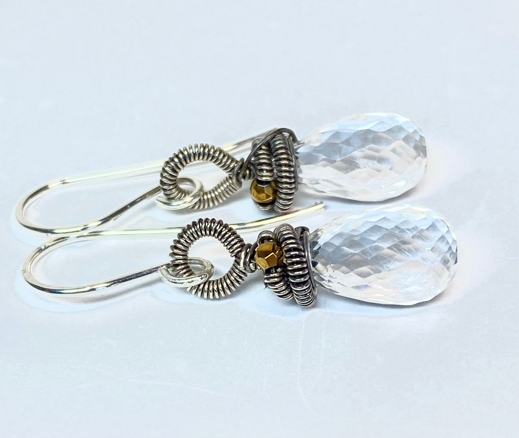 Crystal Quartz Dangle Drop Earrings, Oxidized Silver Mixed Metal