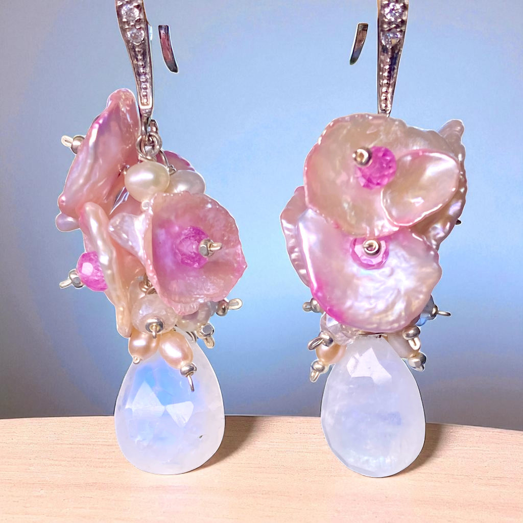 Moonstone, Pink Keishi Pearl, Pink Sapphire Cluster Earrings