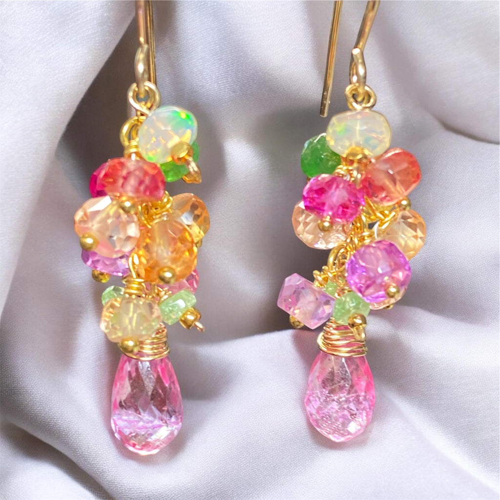 Padparadscha Sapphire Dangle Earrings, Pink Mystic Topaz, Gold Fill - Doolittle