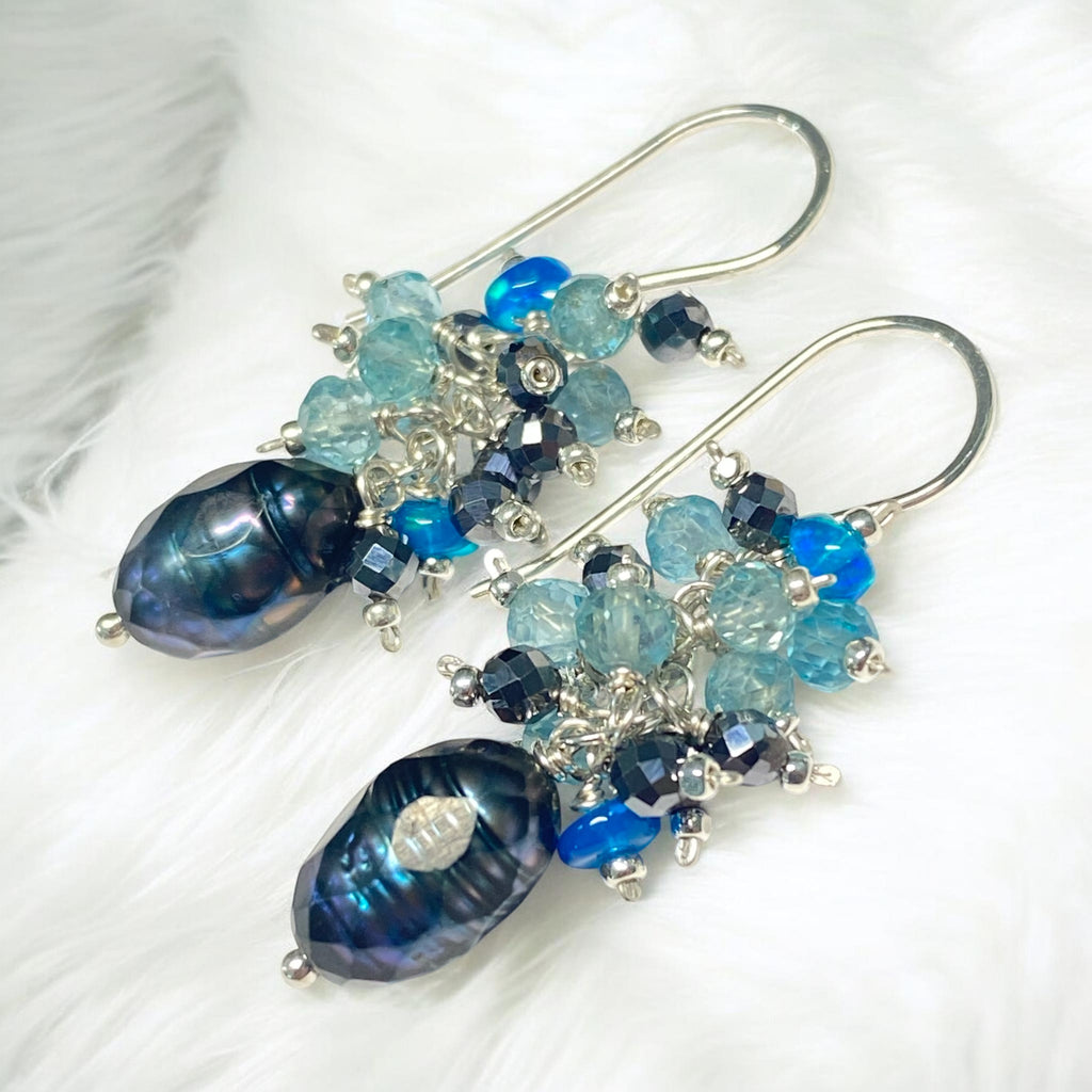 Petite Peacock Pearl Cluster Earrings — Teal Blue Opal, Aqua Apatite, Mystic Black Terahertz
