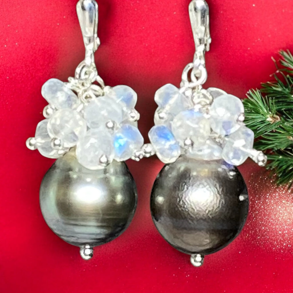 Tahitian Pearl Moonstone Cluster Earrings Sterling Silver