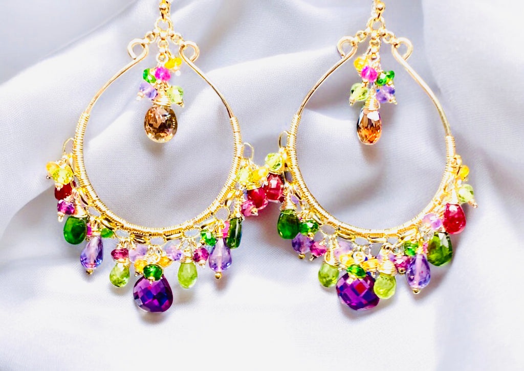 Statement Multi Gemstone Chandelier Hoop 14k Gold Fill Earrings - Violet, Green, Pink