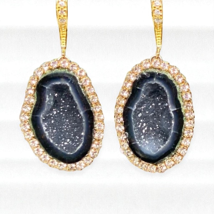 Black Tabasco Geode Druzy Diamond Look Earrings