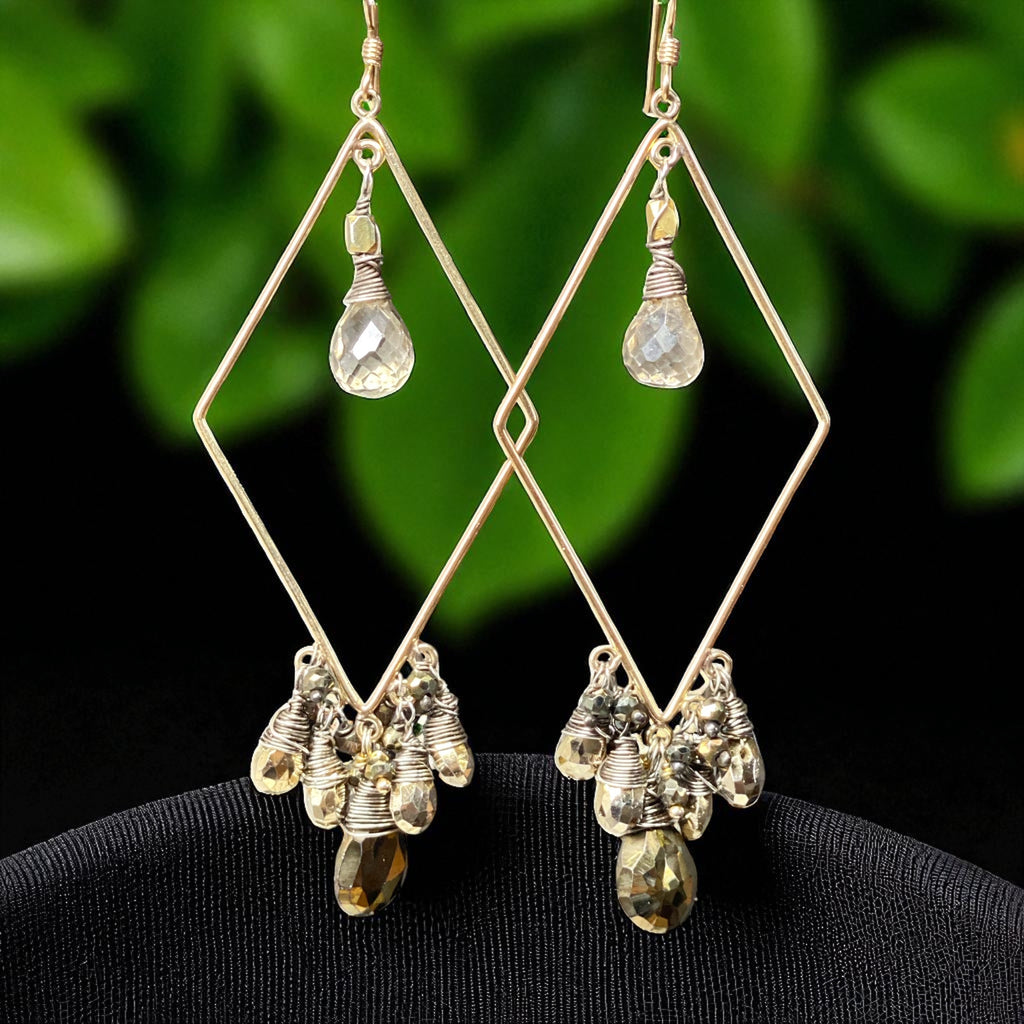 Mixed Metal Statement Hoop Earrings Pyrite Spinel Gemstones Gold Fill