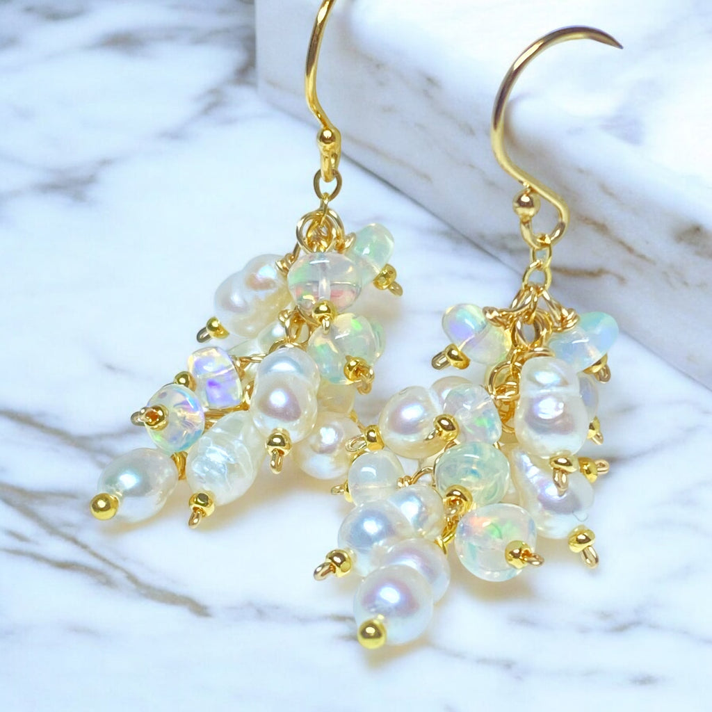 Pearl and White Ethiopian Opal Dangle Earrings Gold