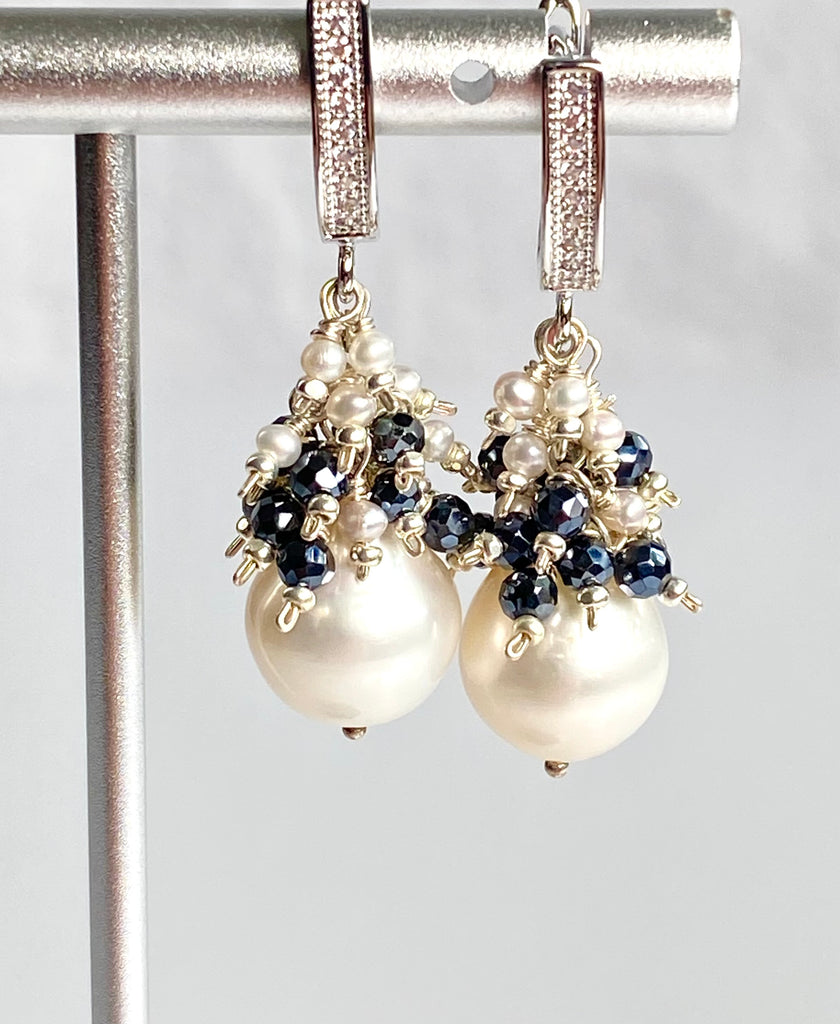 White Pearl Black Spinel Cluster Earrings Sterling Silver