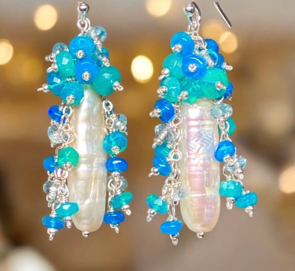 White Biwa Pearl and Aqua Blue Opal Cluster Earrings Sterling Silver