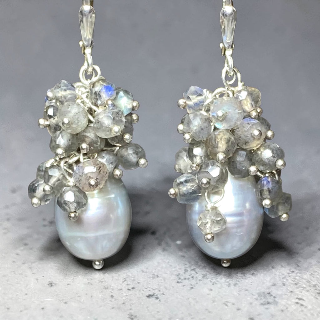 Silver Grey Pearl and Labradorite Cluster Earrings Sterling Silver - Doolittle
