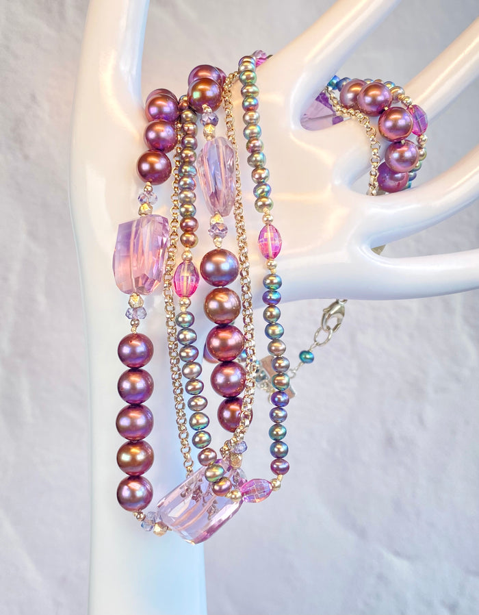 Amethyst and Pearl Multi-Strand Triple Strand Necklace