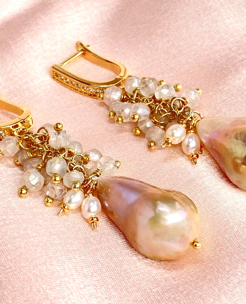 Baroque Flameball Gold Silver Metallic Pearl Earrings with Mystic Crystal Clusters Gold Fill
