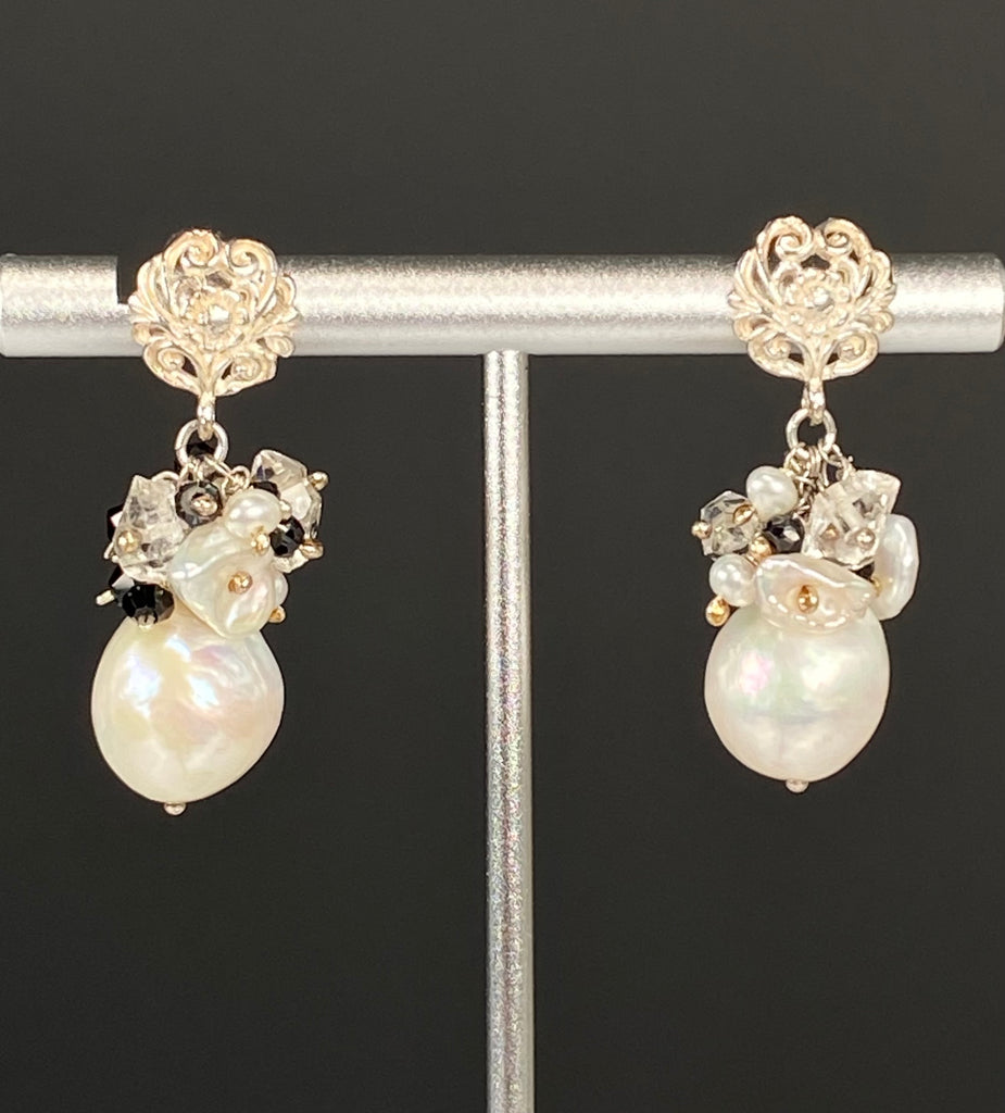 White Edison Pearl Cluster Earrings with Herkimer Diamond, Black Spinel