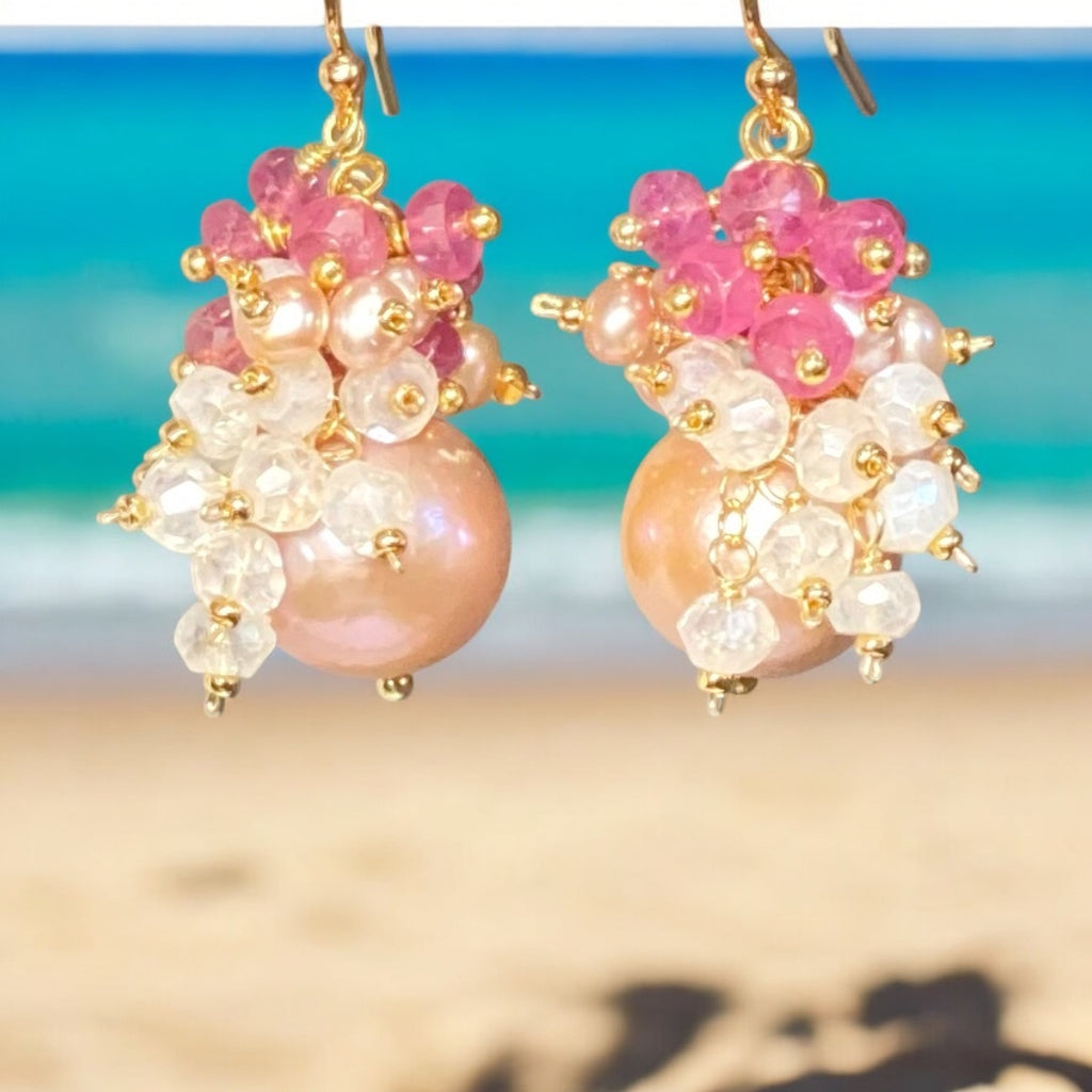 Blush Pearl Pink Sapphire Mystic Quartz Cluster Earrings