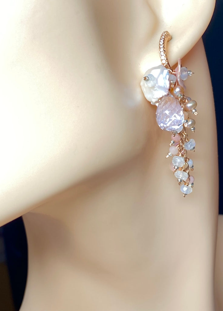 Pink Pearl and Pink Gemstone Long Dangle Earrings Rose Gold Fill - Doolittle