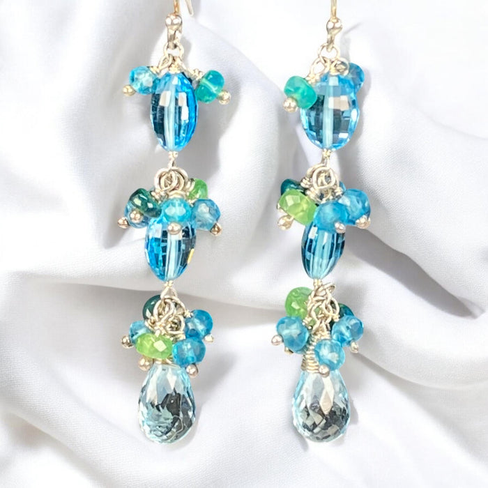 Swiss Blue Topaz & Ethiopian Opal Cluster Earrings, Sterling Silver