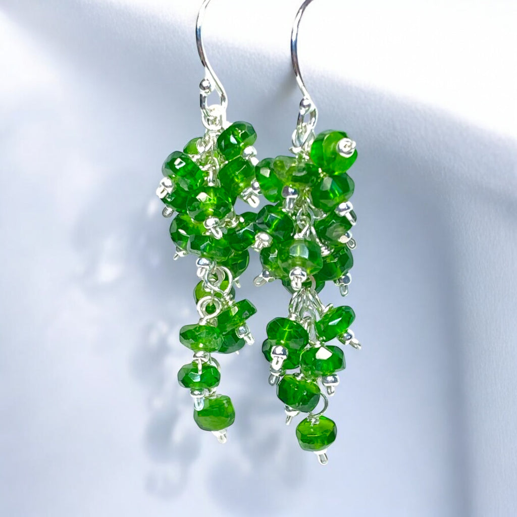 Green Chrome Diopside Gemstone Dangle Cluster Earrings Sterling Silver