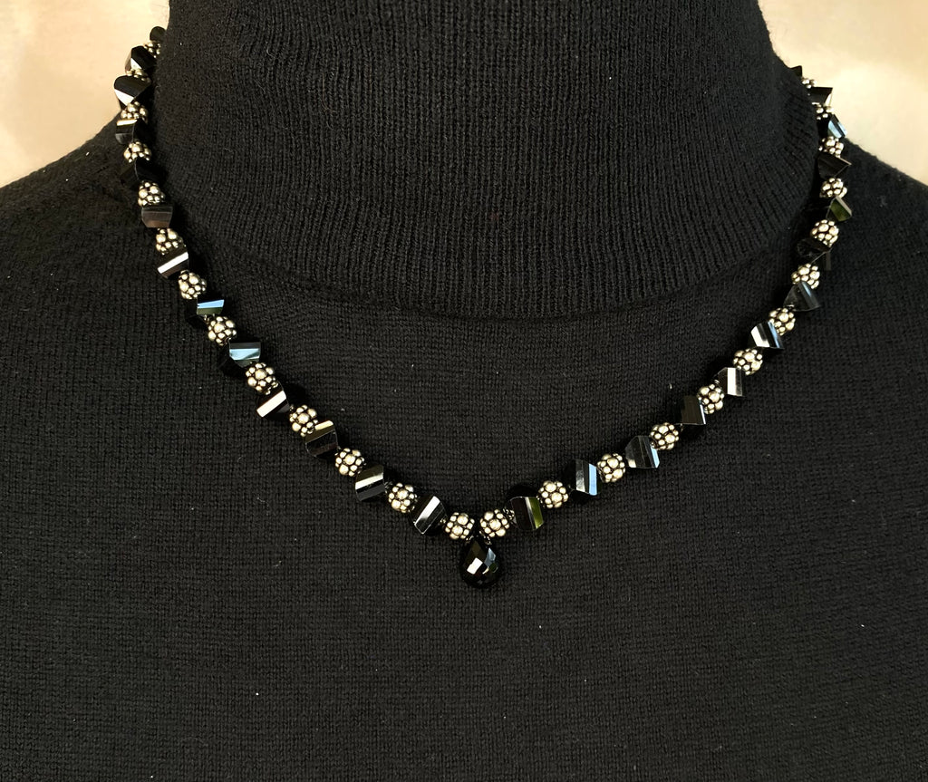 Black Spinel Pendant Necklace with Sterling Silver Bali Spacers
