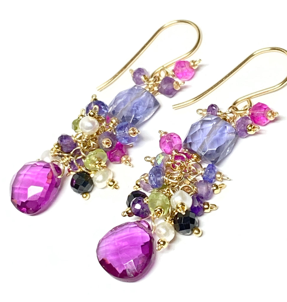 Blue Purple Violet Gem Dangle Earrings, Iolite, Amethyst Gold Fill