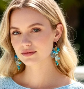 Blue Topaz Dangle Earrings with Multi Gemstone Cluster, Opal, Apatite, Herkimer Diamonds - Doolittle