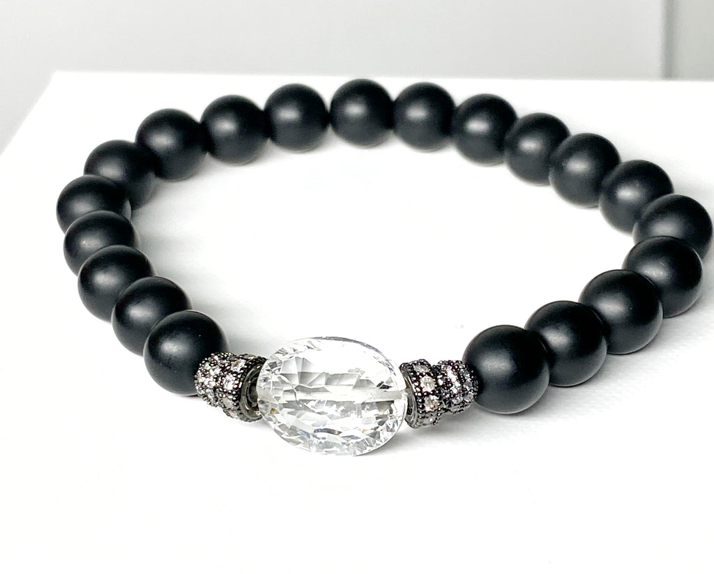 Black Onyx Stretch Bracelet with Crystal Quartz and Black Pave CZ