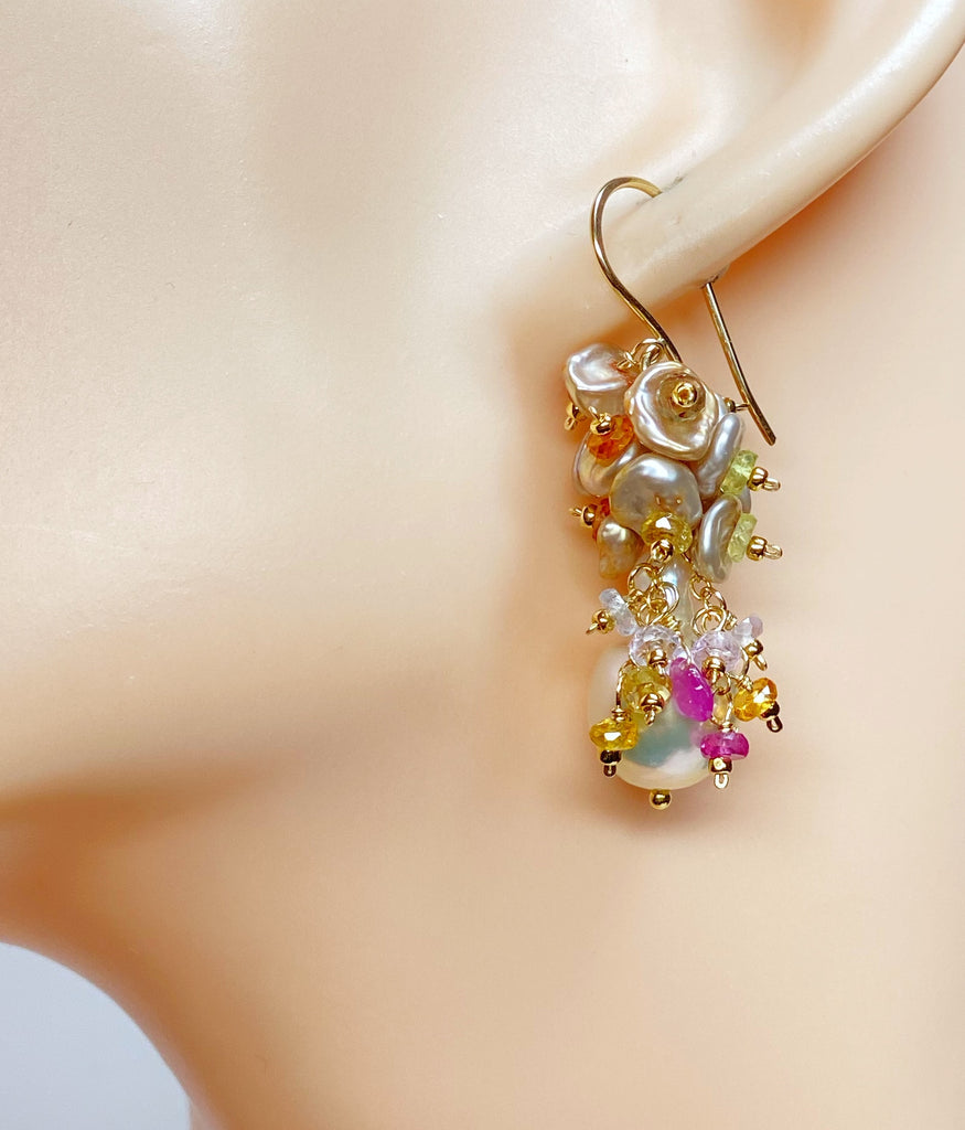 Baroque Pearl Earrings with Clusters of Sapphires and Keishi Pearls Gold Fill