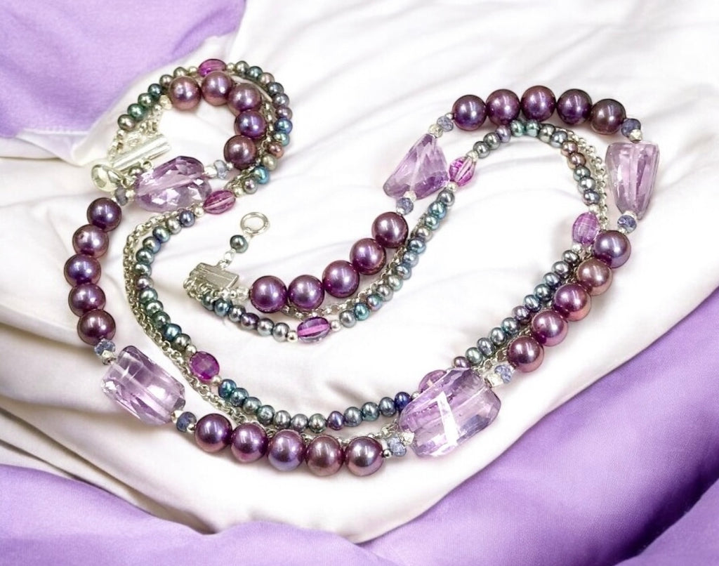 Amethyst and Pearl Multi-Strand Triple Strand Necklace