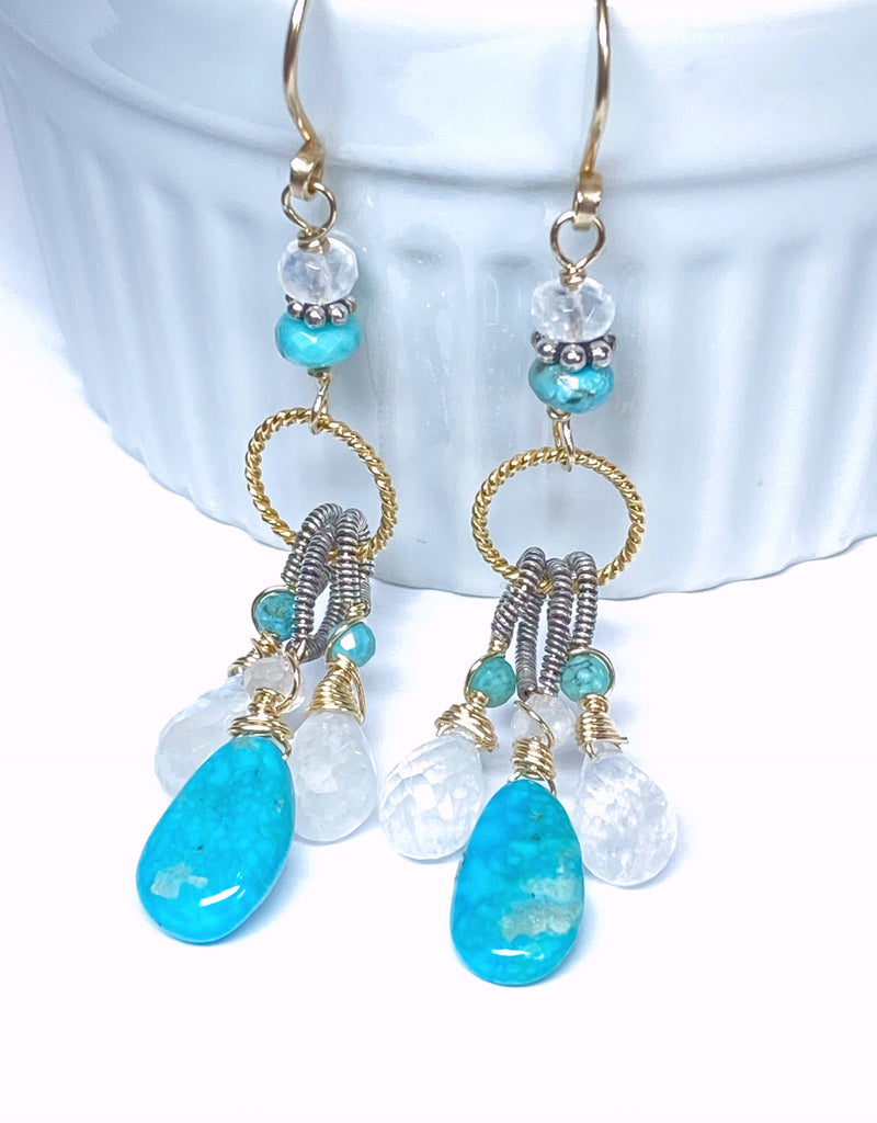 Kingman Turquoise, Rainbow Moonstone Dangle Earrings Mixed Metals, Handmade