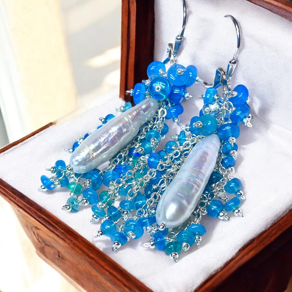 Blue Opal and Biwa Pearl Cluster Tassel Earrings Sterling Silver