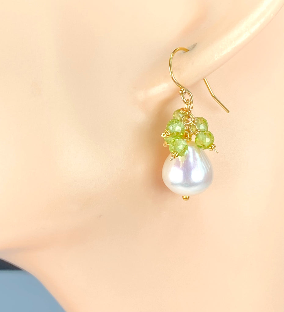 Peridot and Pearl Cluster Earrings, Silver or Gold Fill, 14k Gold Fill - Doolittle