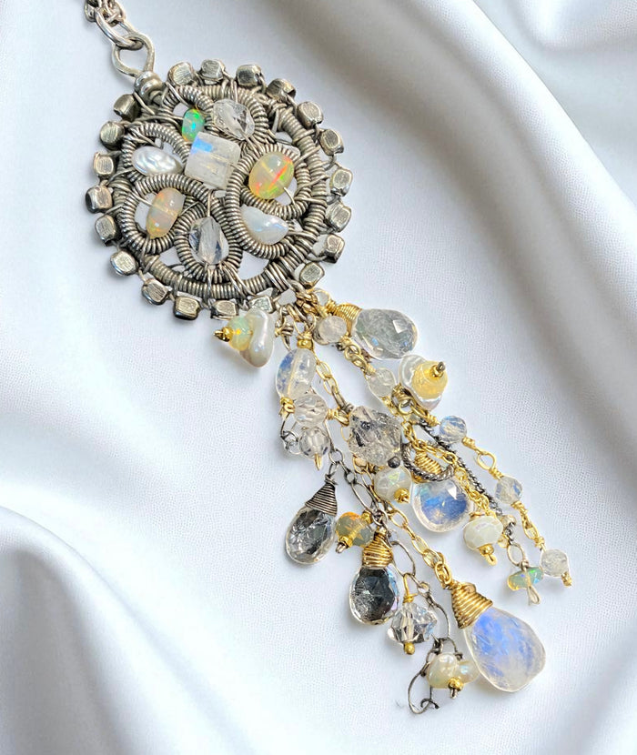 Opal, Moonstone, Crystal Oxidized Silver Coiled Pendant Necklace
